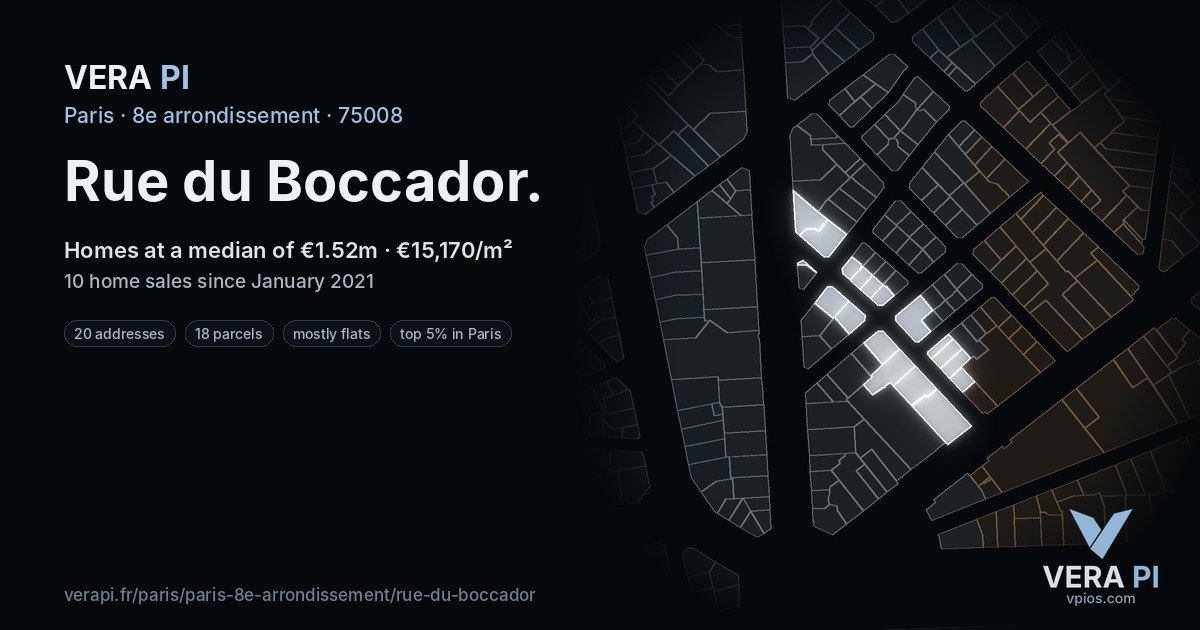 Rue du Boccador, 8e arrondissement at night – every parcel coloured by the prices around it, the street's own parcels lit
