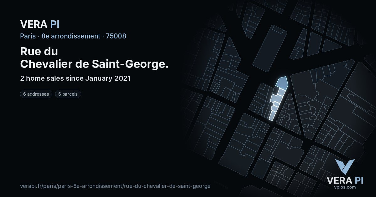 Rue du Chevalier de Saint-George, 8e arrondissement at night – every parcel coloured by the prices around it, the street's own parcels lit