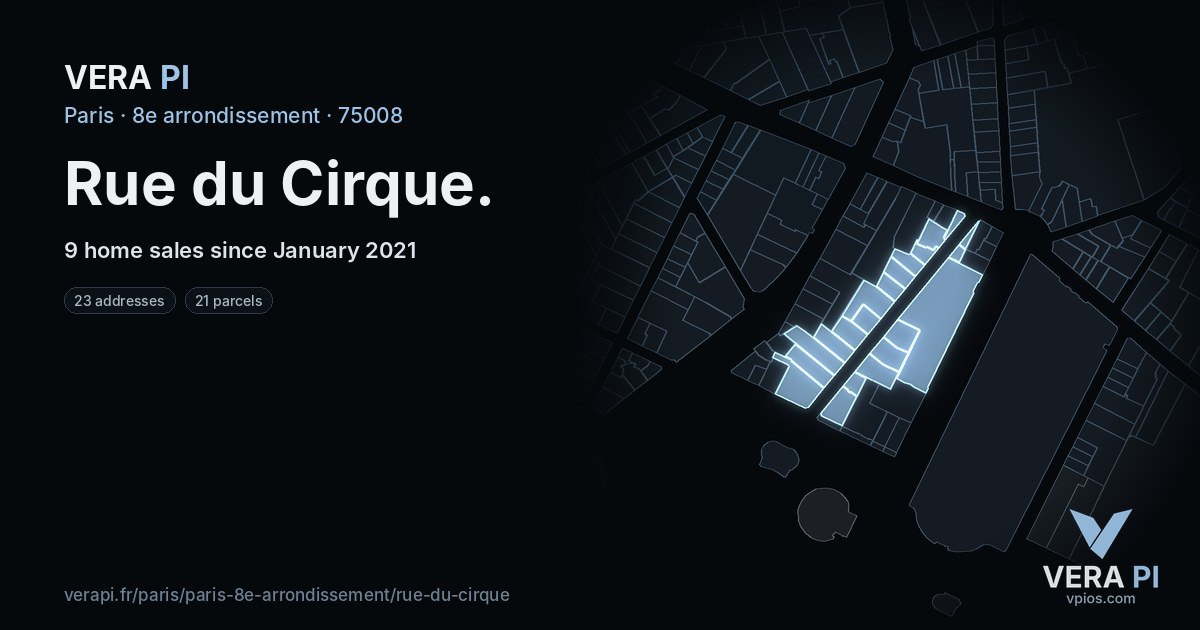 Rue du Cirque, 8e arrondissement at night – every parcel coloured by the prices around it, the street's own parcels lit