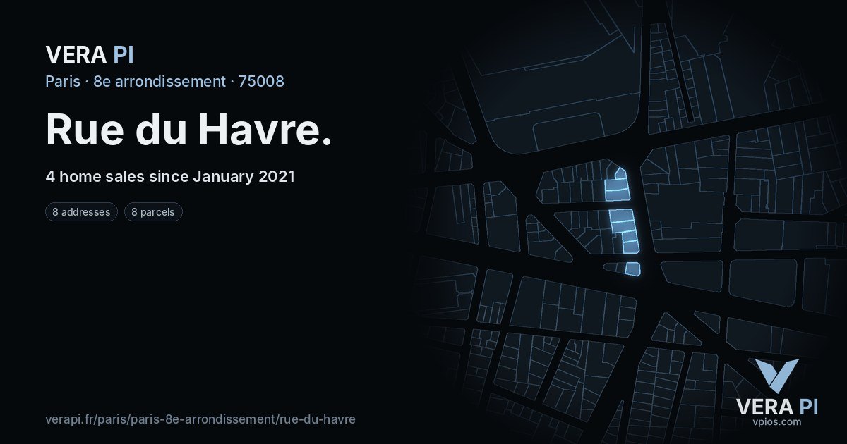 Rue du Havre, 8e arrondissement at night – every parcel coloured by the prices around it, the street's own parcels lit
