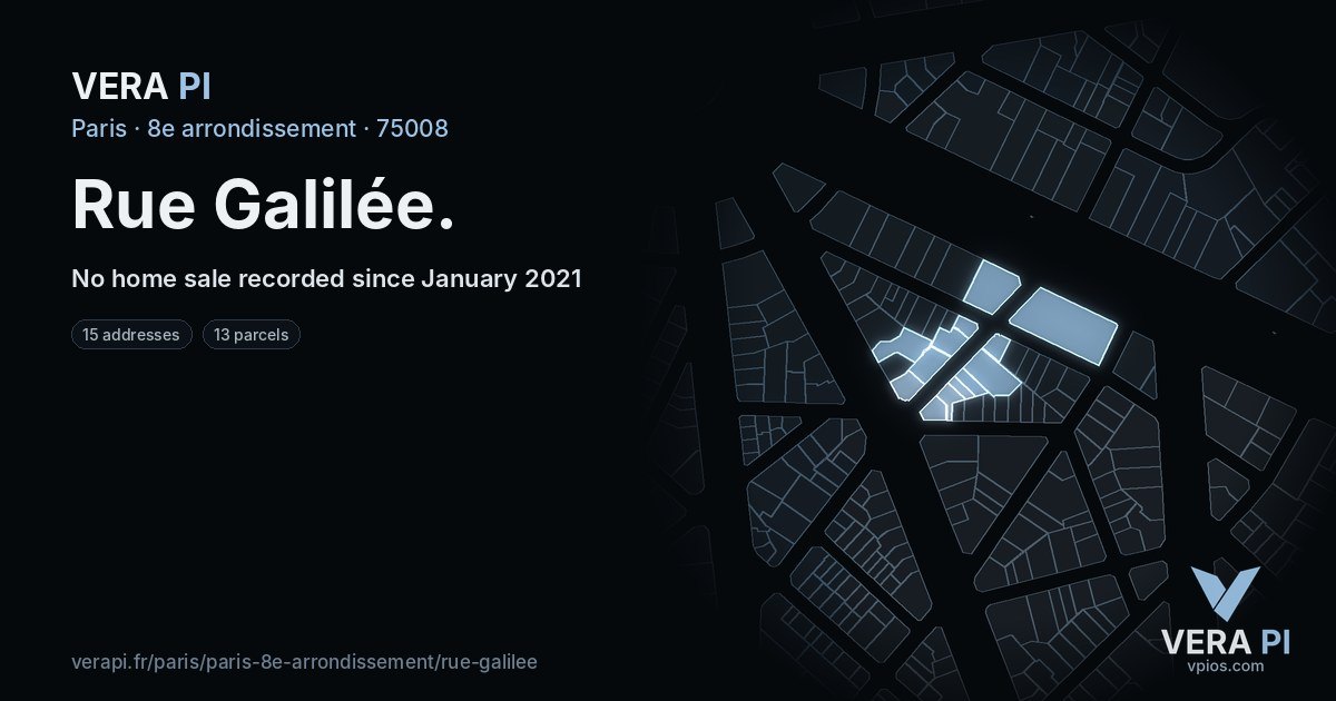 Rue Galilée, 8e arrondissement at night – every parcel coloured by the prices around it, the street's own parcels lit