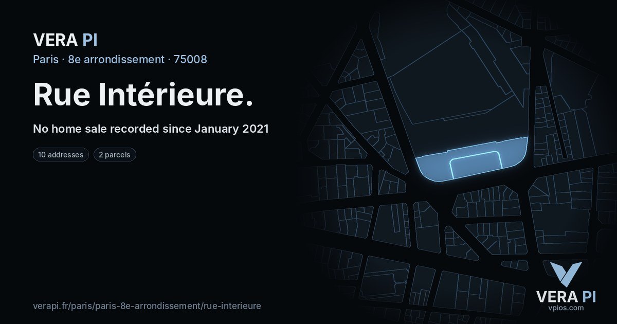 Rue Intérieure, 8e arrondissement at night – every parcel coloured by the prices around it, the street's own parcels lit