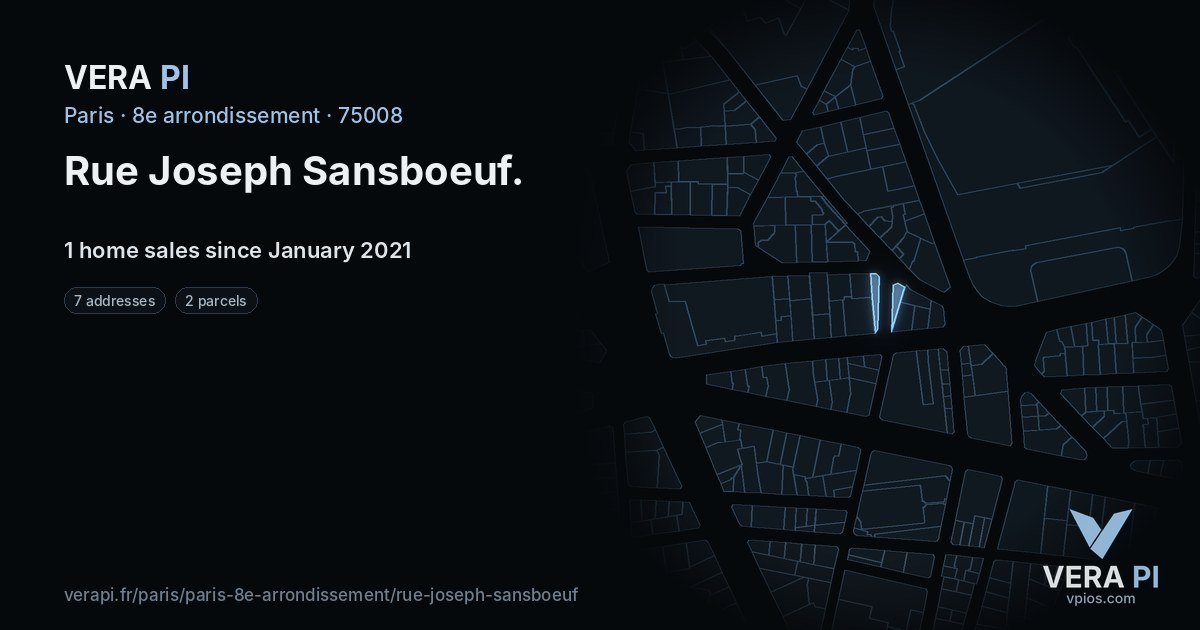Rue Joseph Sansboeuf, 8e arrondissement at night – every parcel coloured by the prices around it, the street's own parcels lit