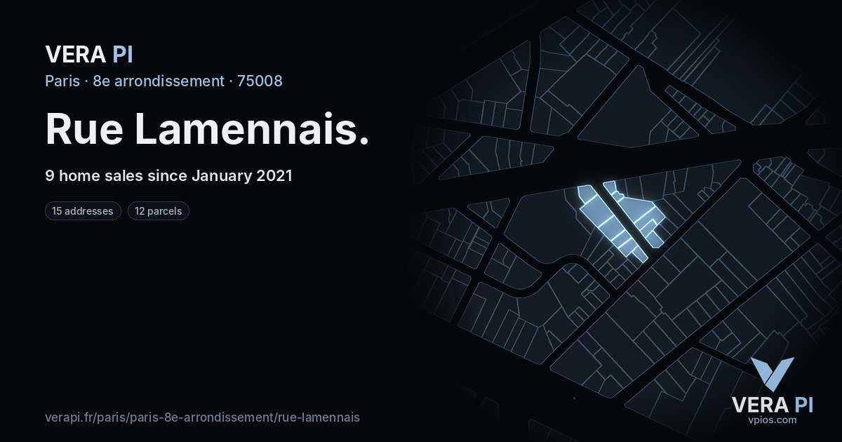 Rue Lamennais, 8e arrondissement at night – every parcel coloured by the prices around it, the street's own parcels lit
