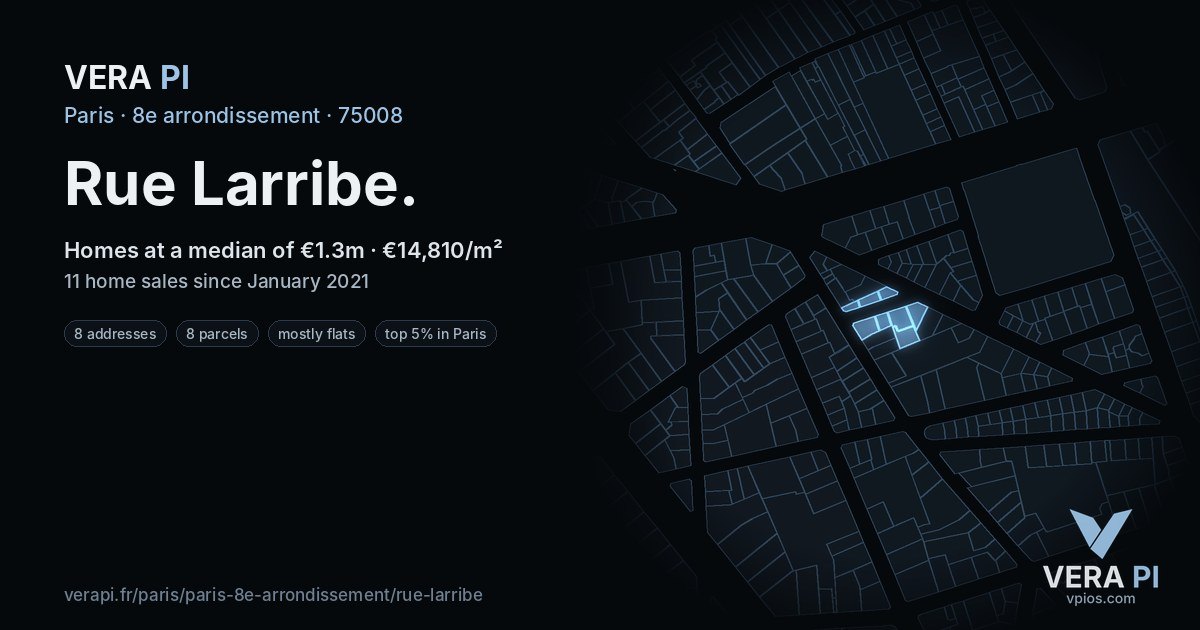 Rue Larribe, 8e arrondissement at night – every parcel coloured by the prices around it, the street's own parcels lit