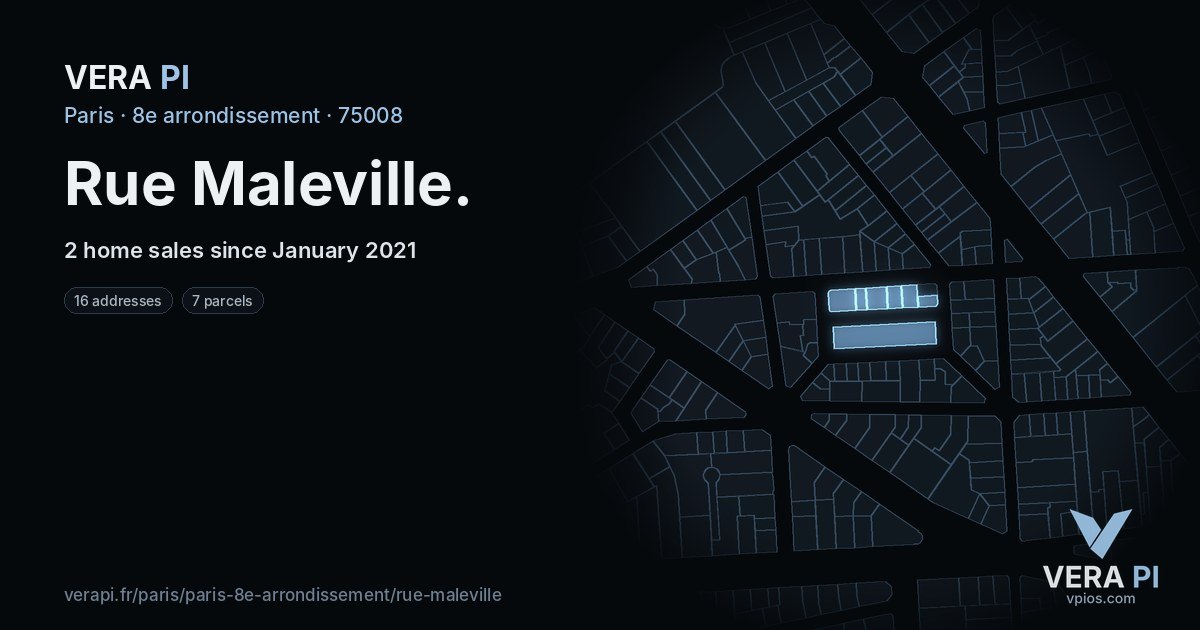 Rue Maleville, 8e arrondissement at night – every parcel coloured by the prices around it, the street's own parcels lit