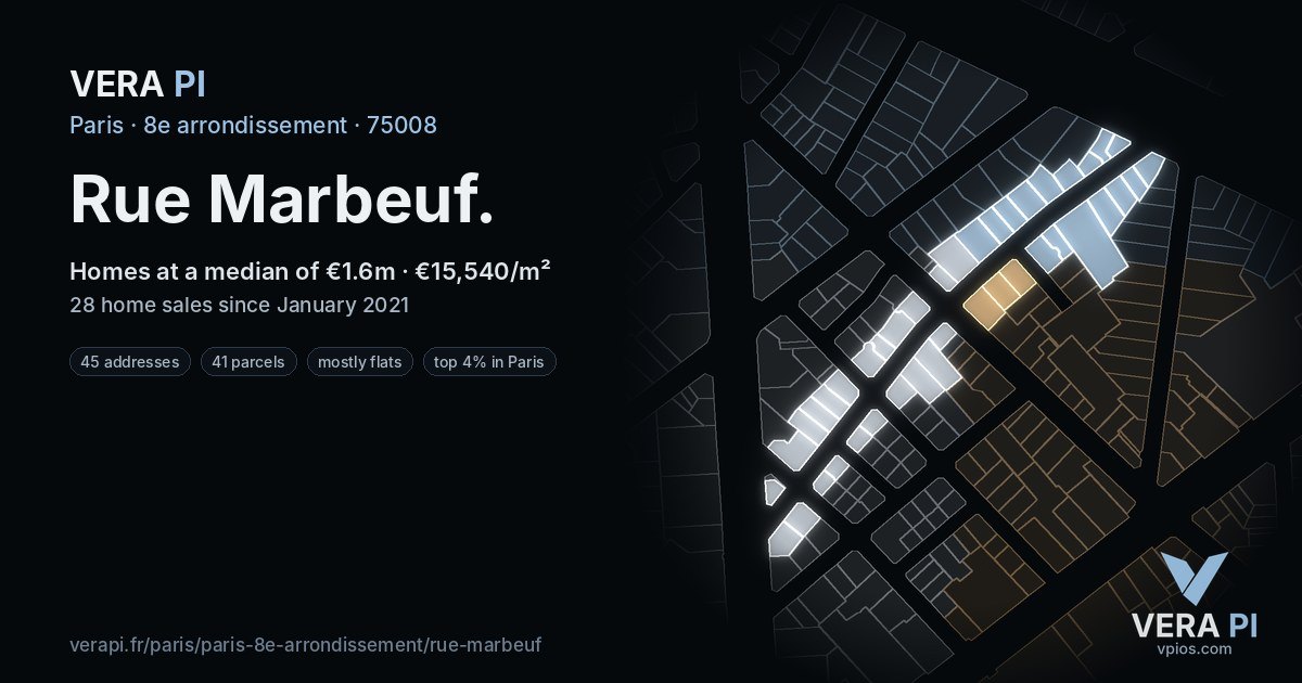 Rue Marbeuf, 8e arrondissement at night – every parcel coloured by the prices around it, the street's own parcels lit