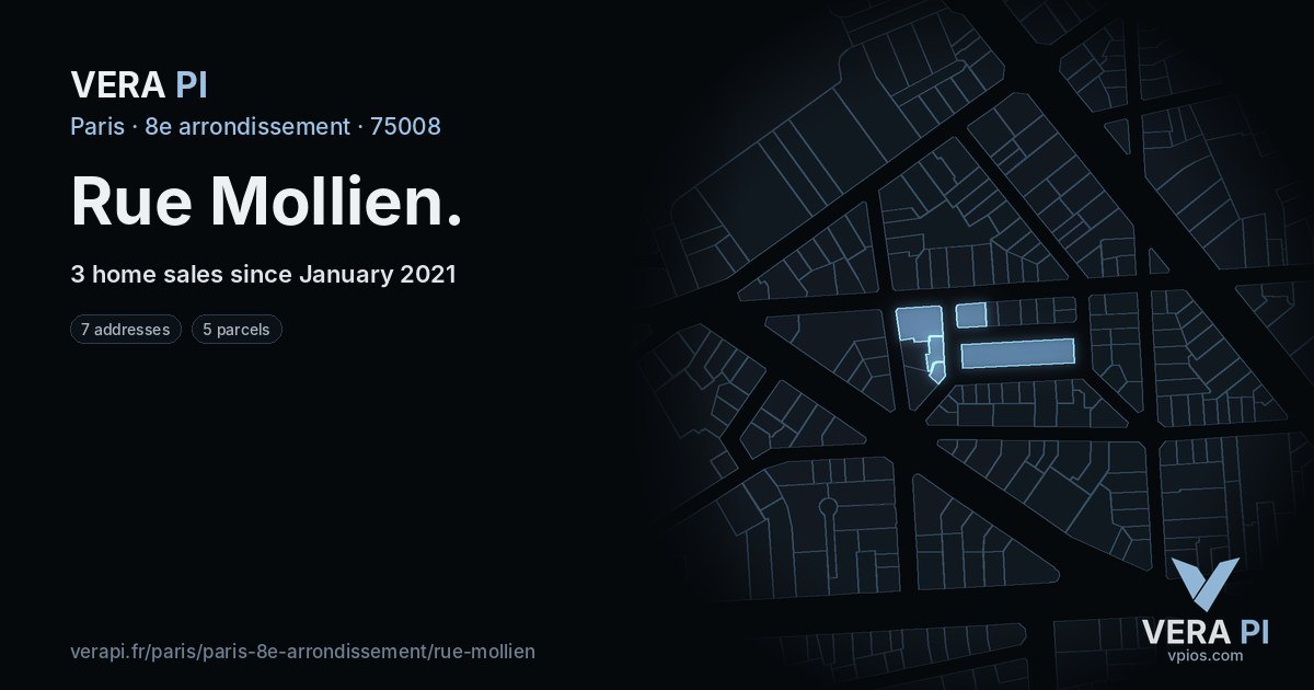 Rue Mollien, 8e arrondissement at night – every parcel coloured by the prices around it, the street's own parcels lit