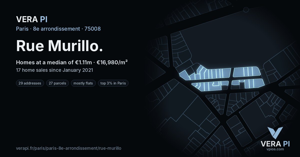 Rue Murillo, 8e arrondissement at night – every parcel coloured by the prices around it, the street's own parcels lit