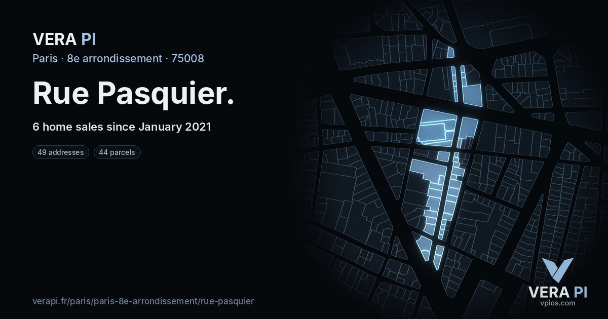 Rue Pasquier, 8e arrondissement at night – every parcel coloured by the prices around it, the street's own parcels lit