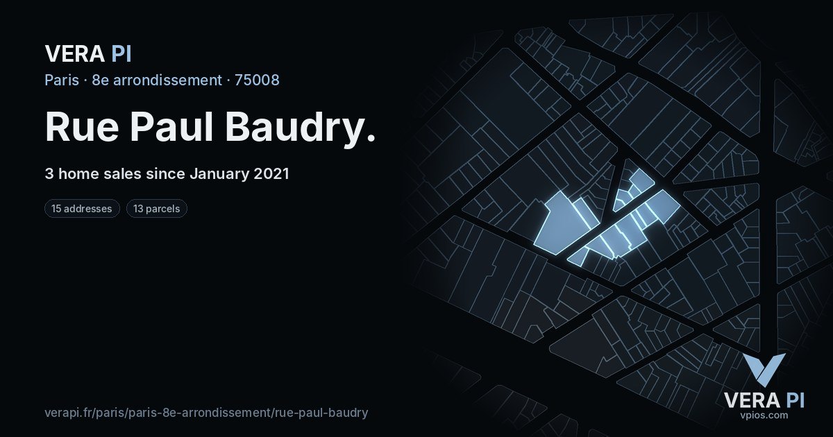 Rue Paul Baudry, 8e arrondissement at night – every parcel coloured by the prices around it, the street's own parcels lit