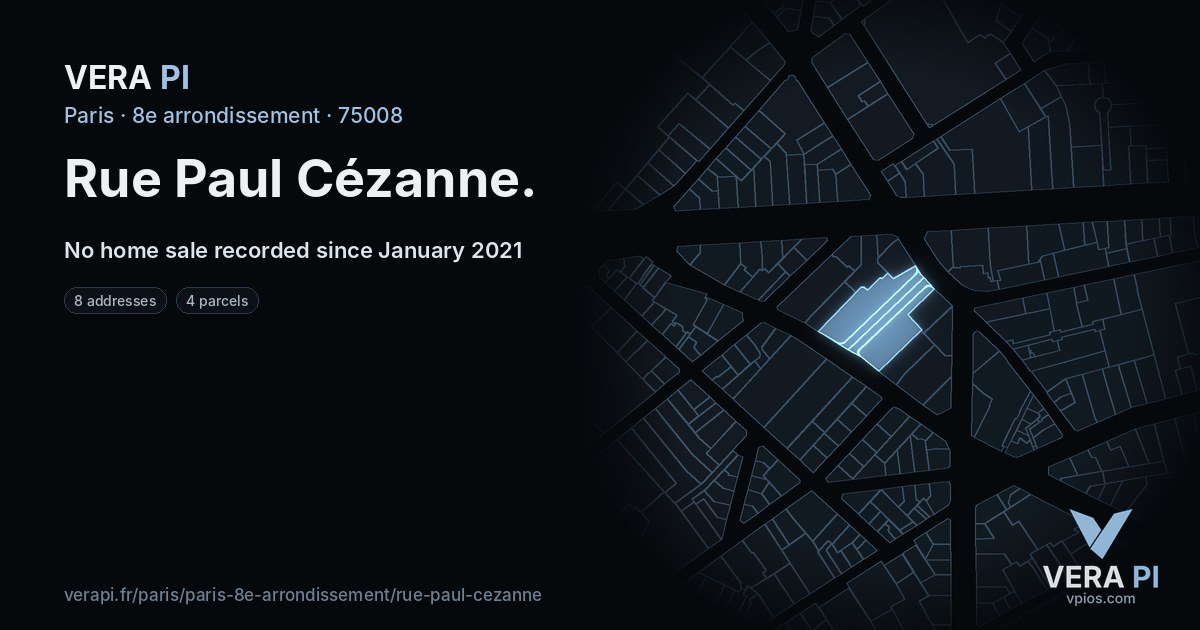 Rue Paul Cézanne, 8e arrondissement at night – every parcel coloured by the prices around it, the street's own parcels lit