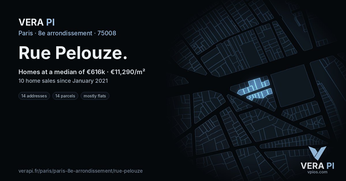 Rue Pelouze, 8e arrondissement at night – every parcel coloured by the prices around it, the street's own parcels lit