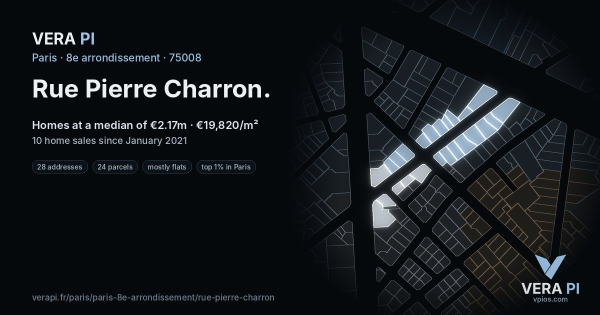 Rue Pierre Charron, 8e arrondissement at night – every parcel coloured by the prices around it, the street's own parcels lit