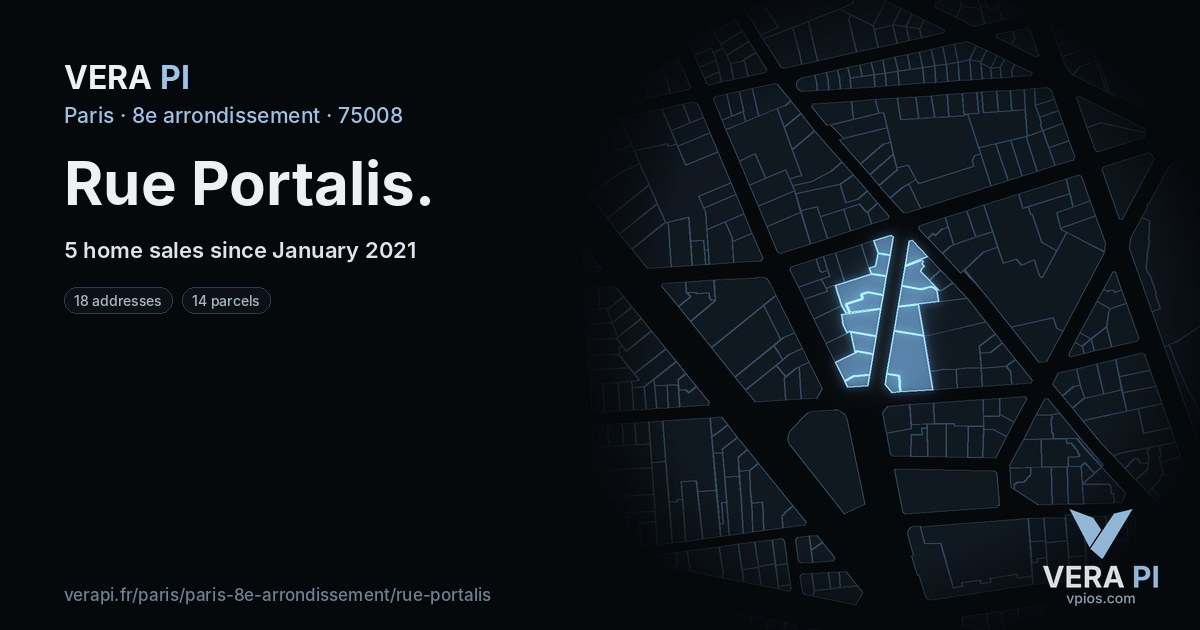 Rue Portalis, 8e arrondissement at night – every parcel coloured by the prices around it, the street's own parcels lit