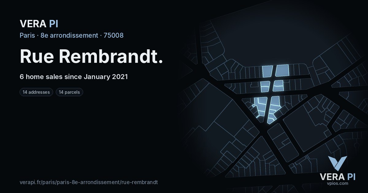 Rue Rembrandt, 8e arrondissement at night – every parcel coloured by the prices around it, the street's own parcels lit
