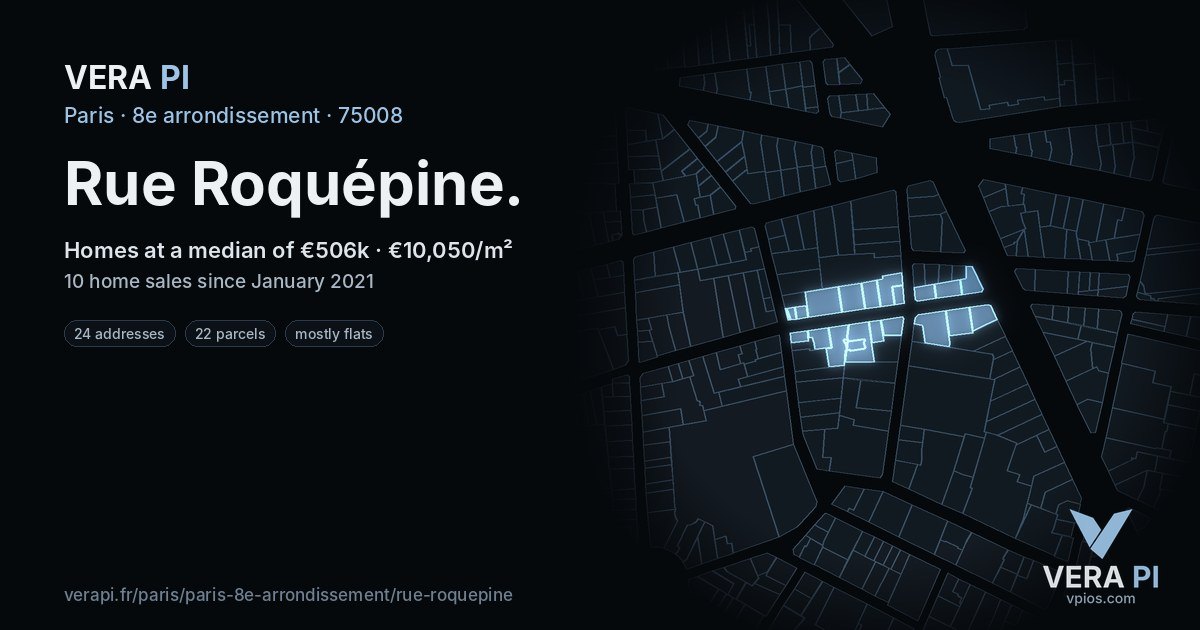 Rue Roquépine, 8e arrondissement at night – every parcel coloured by the prices around it, the street's own parcels lit