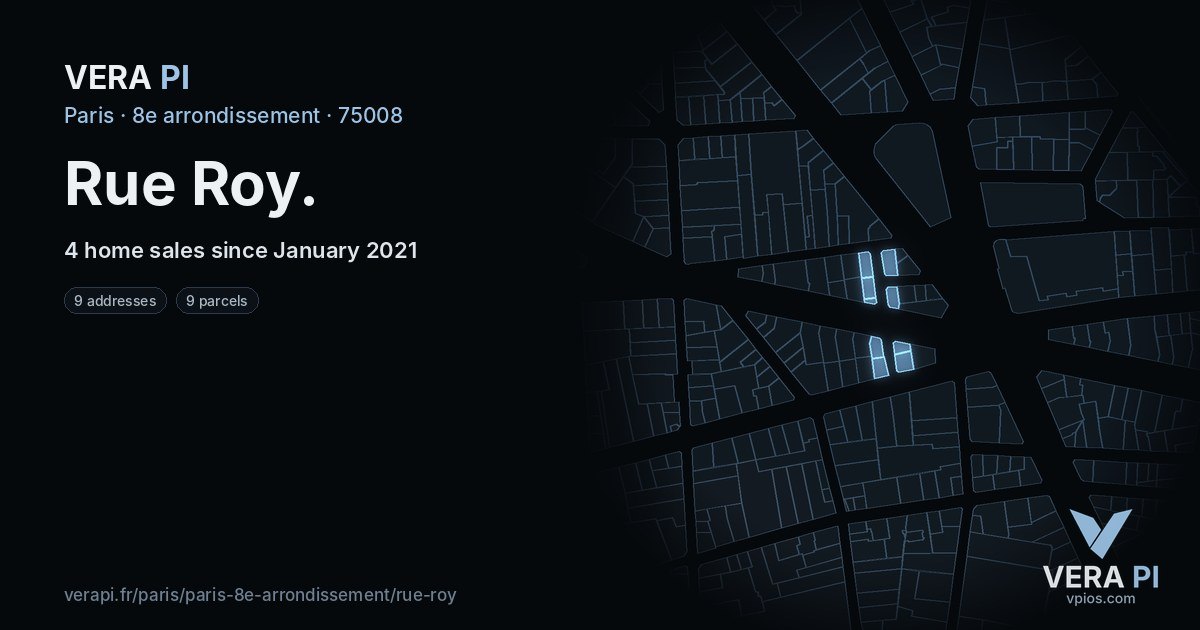 Rue Roy, 8e arrondissement at night – every parcel coloured by the prices around it, the street's own parcels lit