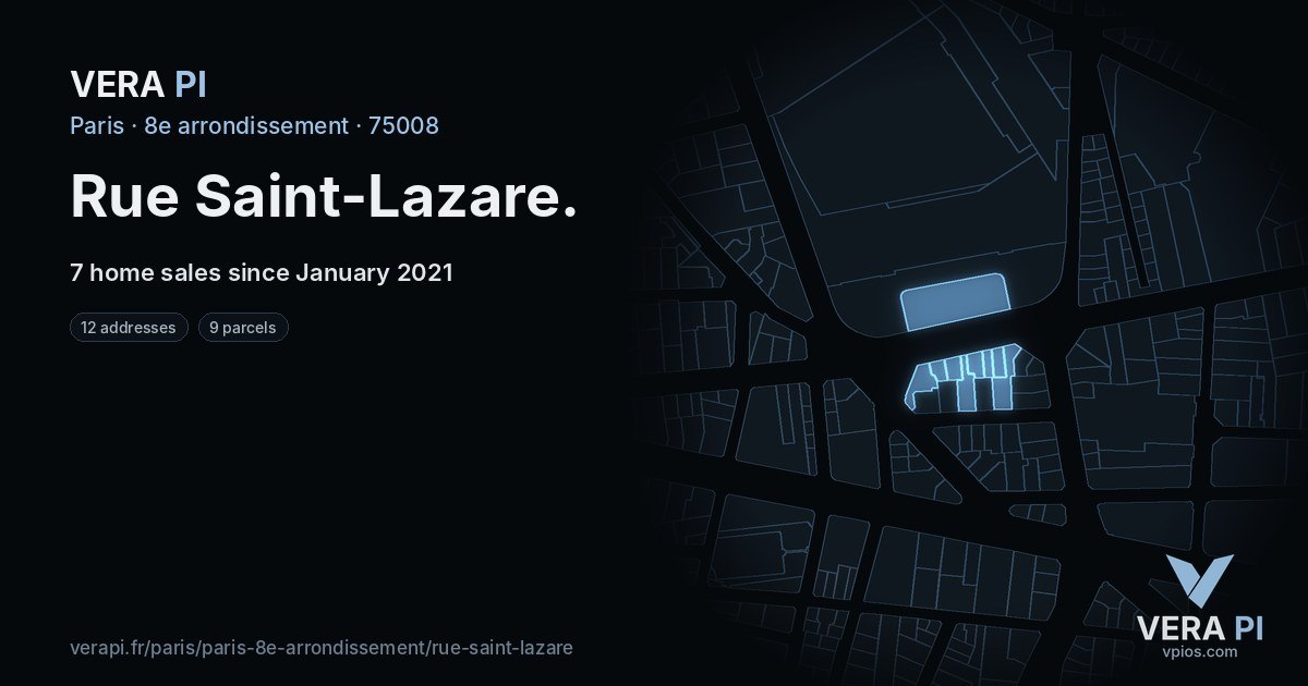 Rue Saint-Lazare, 8e arrondissement at night – every parcel coloured by the prices around it, the street's own parcels lit