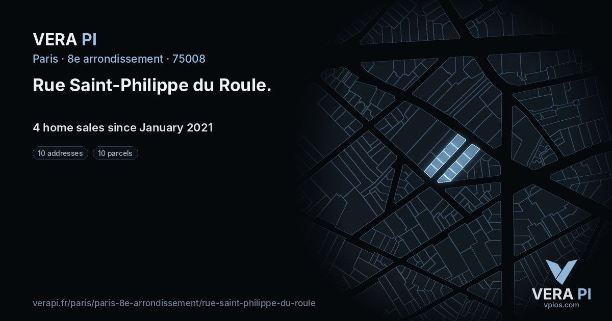 Rue Saint-Philippe du Roule, 8e arrondissement at night – every parcel coloured by the prices around it, the street's own parcels lit