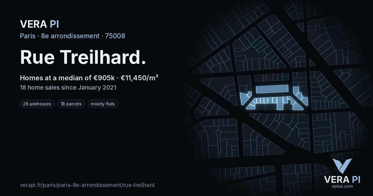 Rue Treilhard, 8e arrondissement at night – every parcel coloured by the prices around it, the street's own parcels lit