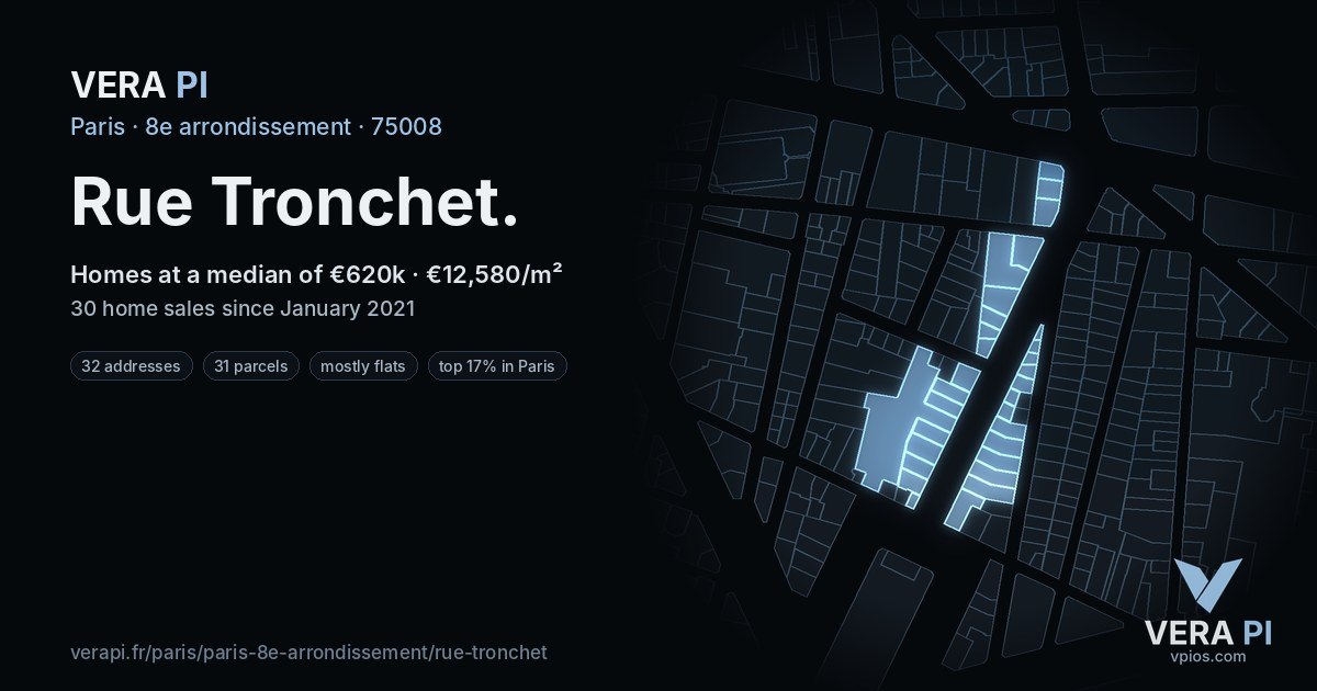 Rue Tronchet, 8e arrondissement at night – every parcel coloured by the prices around it, the street's own parcels lit