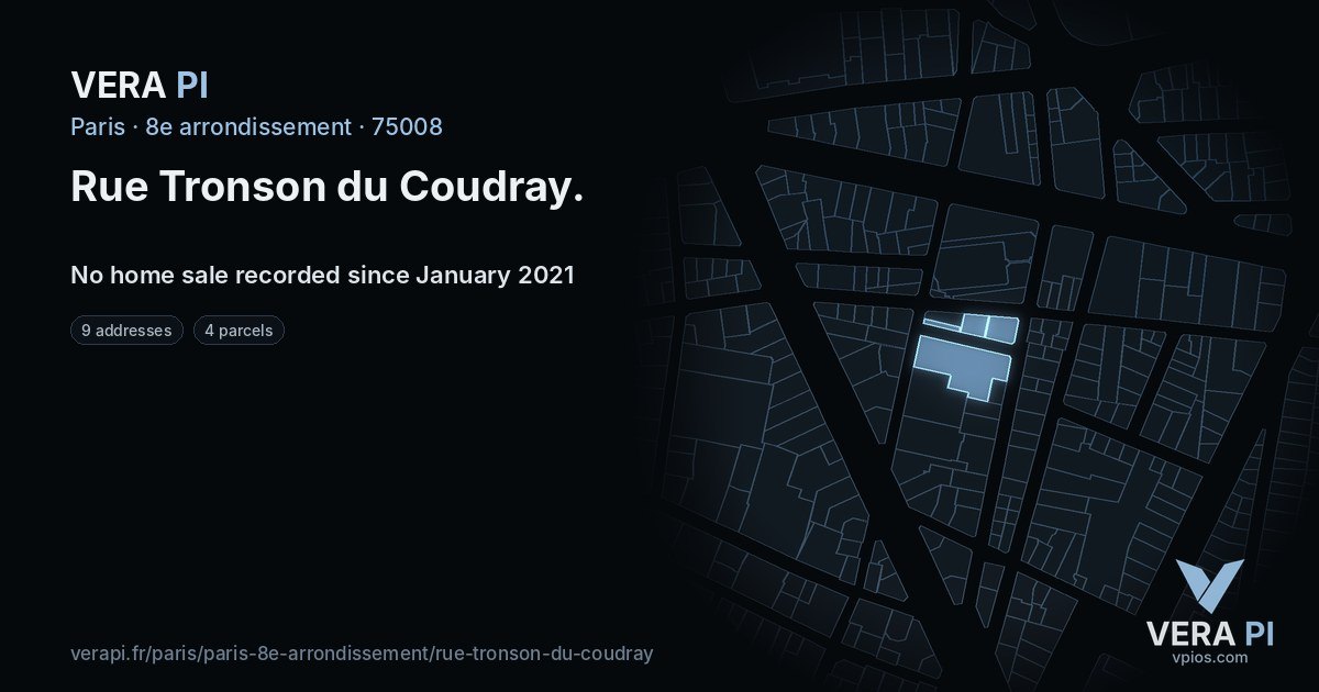 Rue Tronson du Coudray, 8e arrondissement at night – every parcel coloured by the prices around it, the street's own parcels lit