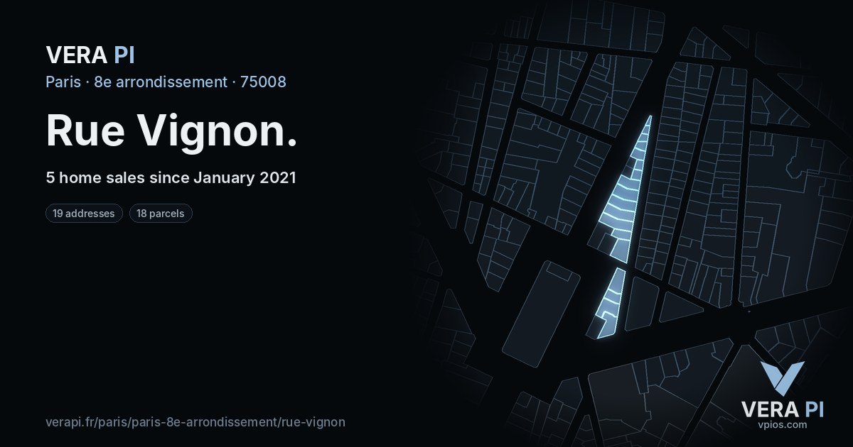 Rue Vignon, 8e arrondissement at night – every parcel coloured by the prices around it, the street's own parcels lit