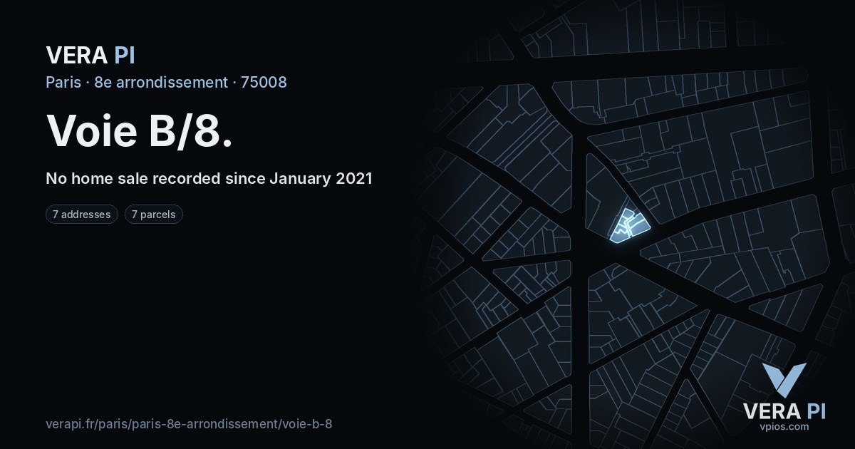 Voie B/8, 8e arrondissement at night – every parcel coloured by the prices around it, the street's own parcels lit