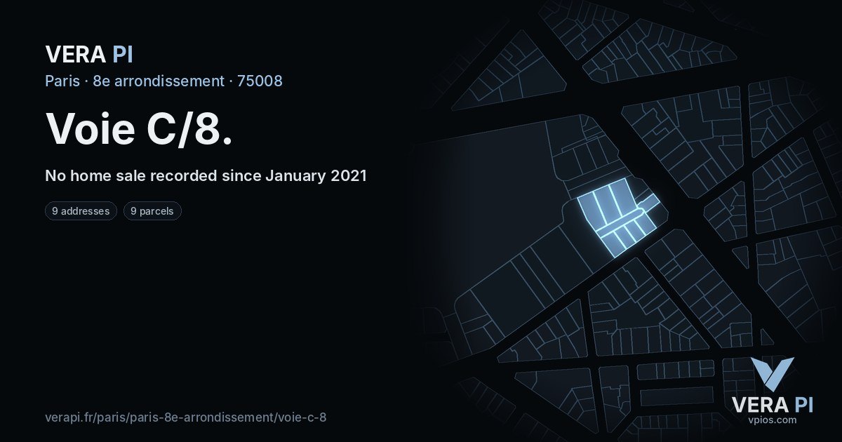 Voie C/8, 8e arrondissement at night – every parcel coloured by the prices around it, the street's own parcels lit