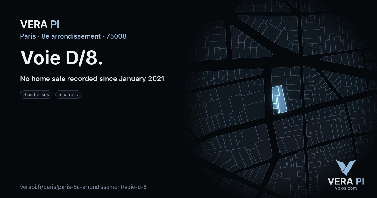 Voie D/8, 8e arrondissement at night – every parcel coloured by the prices around it, the street's own parcels lit