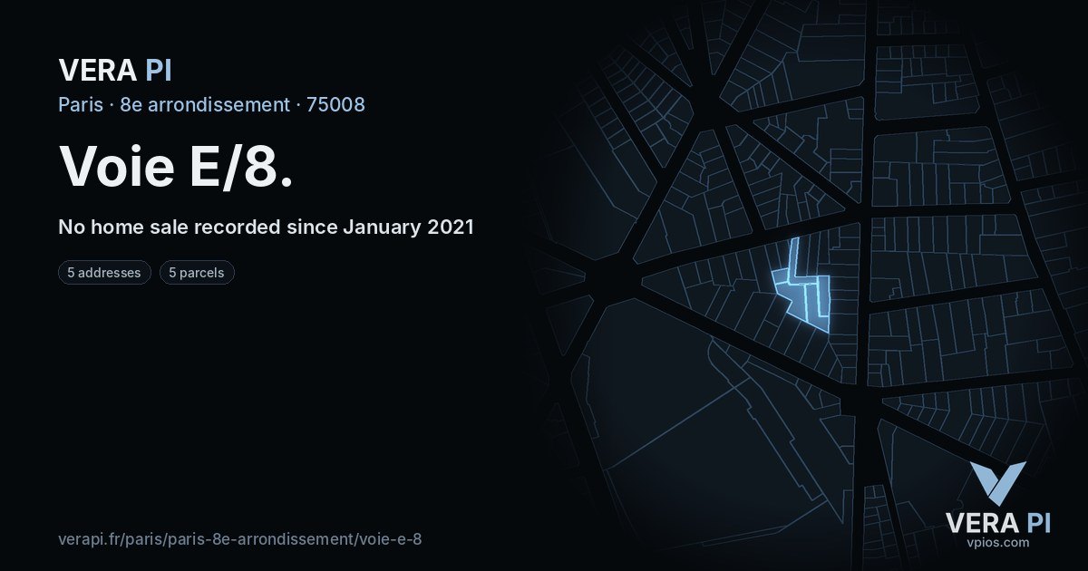 Voie E/8, 8e arrondissement at night – every parcel coloured by the prices around it, the street's own parcels lit