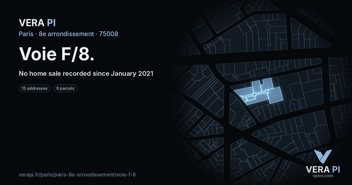 Voie F/8, 8e arrondissement at night – every parcel coloured by the prices around it, the street's own parcels lit