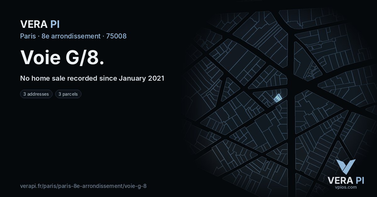 Voie G/8, 8e arrondissement at night – every parcel coloured by the prices around it, the street's own parcels lit