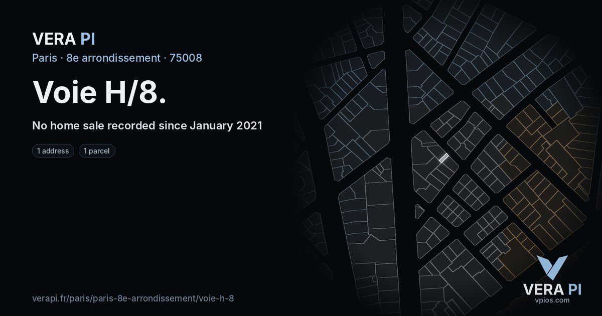 Voie H/8, 8e arrondissement at night – every parcel coloured by the prices around it, the street's own parcels lit