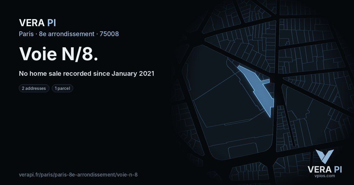Voie N/8, 8e arrondissement at night – every parcel coloured by the prices around it, the street's own parcels lit
