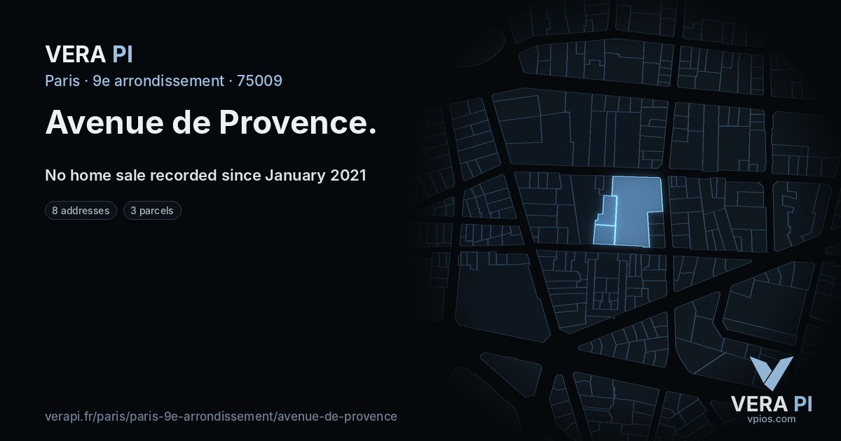 Avenue de Provence, 9e arrondissement at night – every parcel coloured by the prices around it, the street's own parcels lit