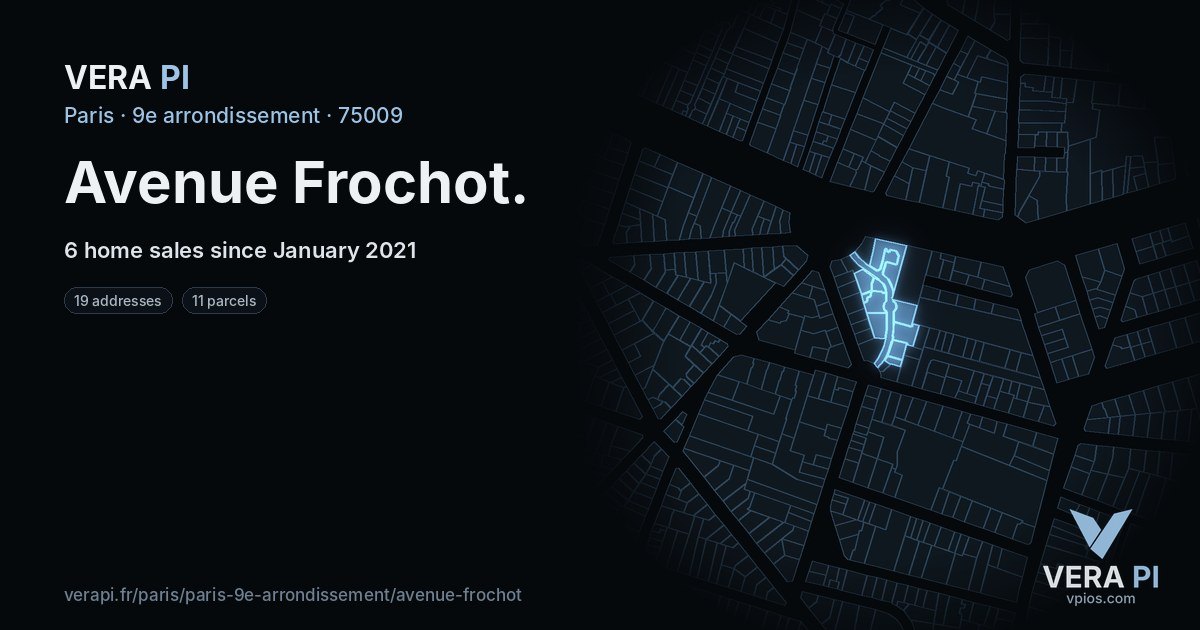Avenue Frochot, 9e arrondissement at night – every parcel coloured by the prices around it, the street's own parcels lit