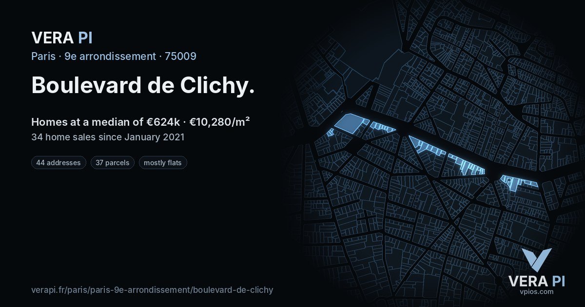 Boulevard de Clichy, 9e arrondissement at night – every parcel coloured by the prices around it, the street's own parcels lit