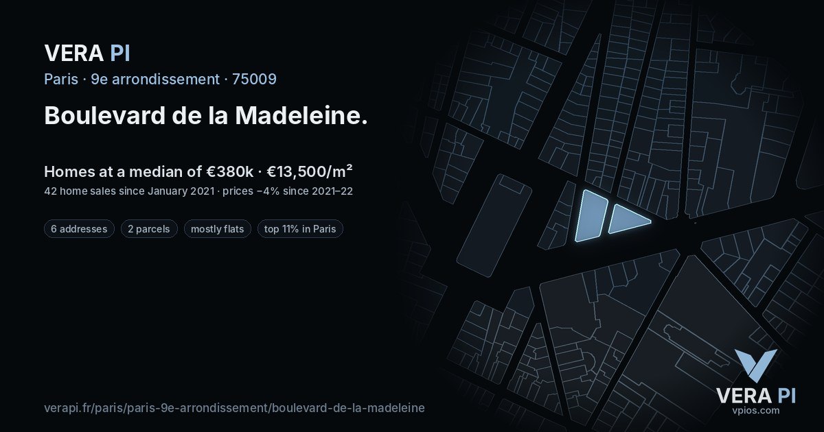Boulevard de la Madeleine, 9e arrondissement at night – every parcel coloured by the prices around it, the street's own parcels lit