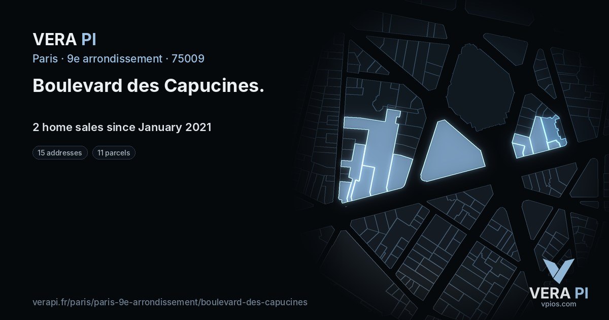 Boulevard des Capucines, 9e arrondissement at night – every parcel coloured by the prices around it, the street's own parcels lit