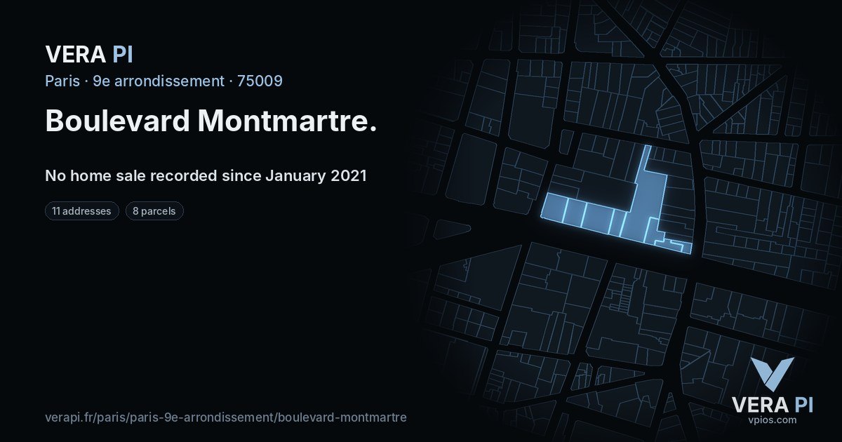 Boulevard Montmartre, 9e arrondissement at night – every parcel coloured by the prices around it, the street's own parcels lit