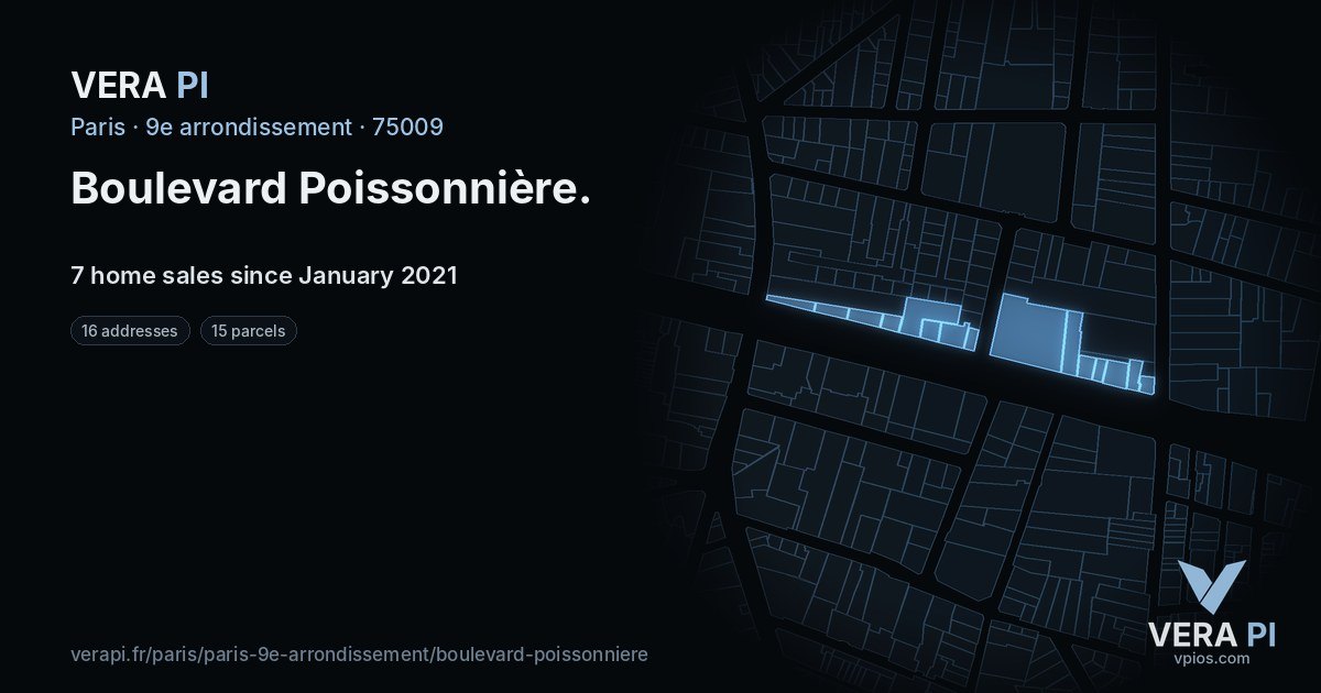 Boulevard Poissonnière, 9e arrondissement at night – every parcel coloured by the prices around it, the street's own parcels lit