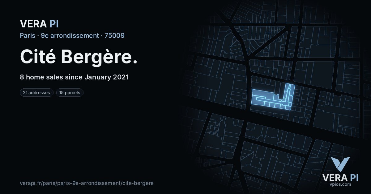 Cité Bergère, 9e arrondissement at night – every parcel coloured by the prices around it, the street's own parcels lit
