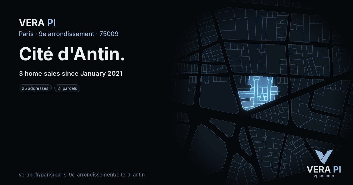 Cité d'Antin, 9e arrondissement at night – every parcel coloured by the prices around it, the street's own parcels lit