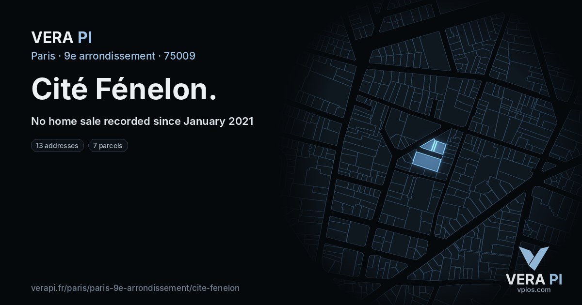 Cité Fénelon, 9e arrondissement at night – every parcel coloured by the prices around it, the street's own parcels lit
