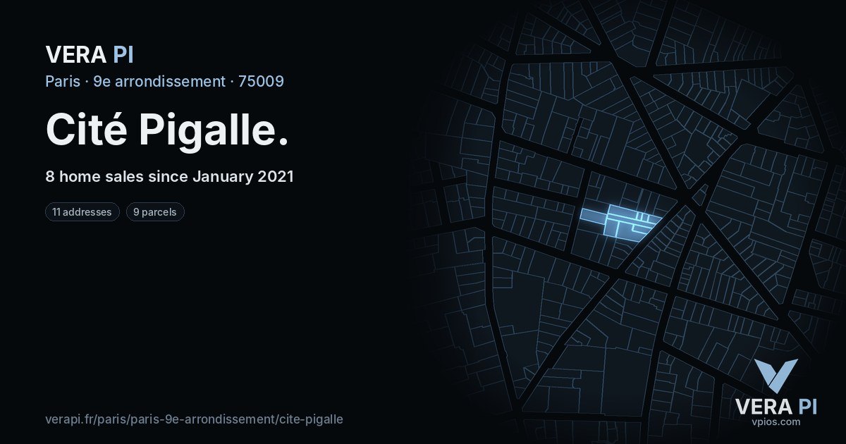 Cité Pigalle, 9e arrondissement at night – every parcel coloured by the prices around it, the street's own parcels lit