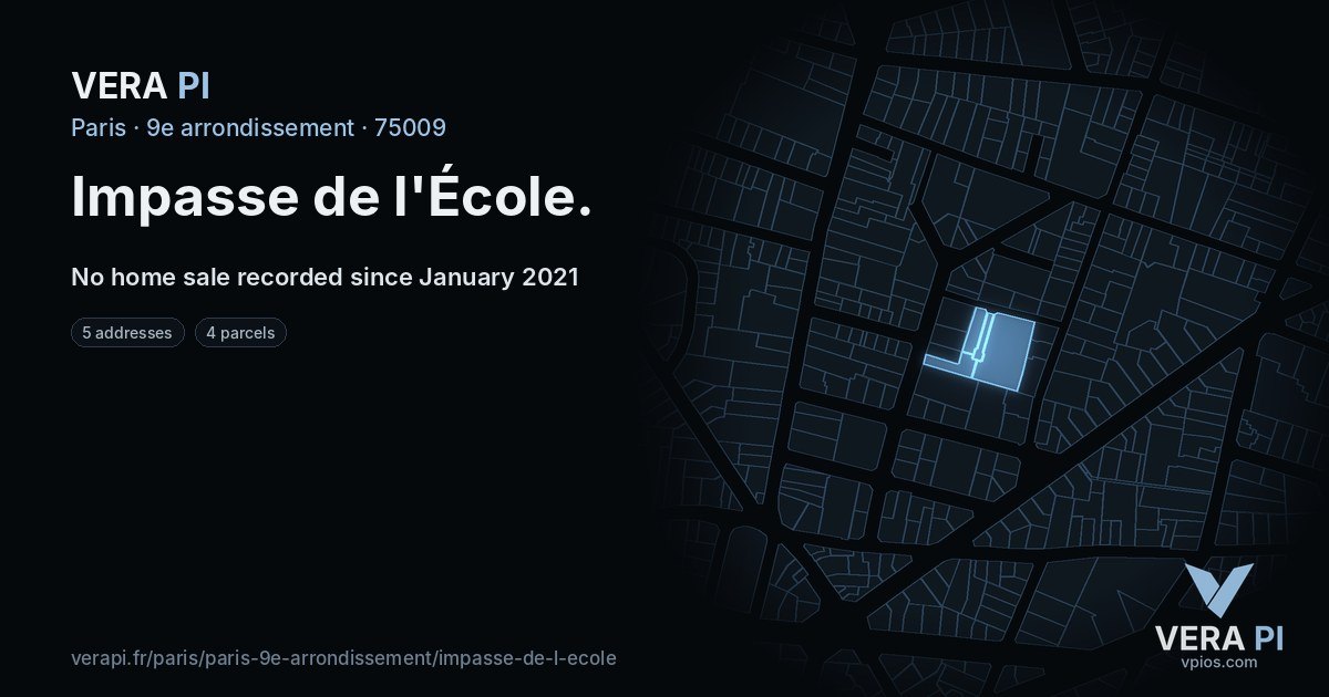 Impasse de l'École, 9e arrondissement at night – every parcel coloured by the prices around it, the street's own parcels lit