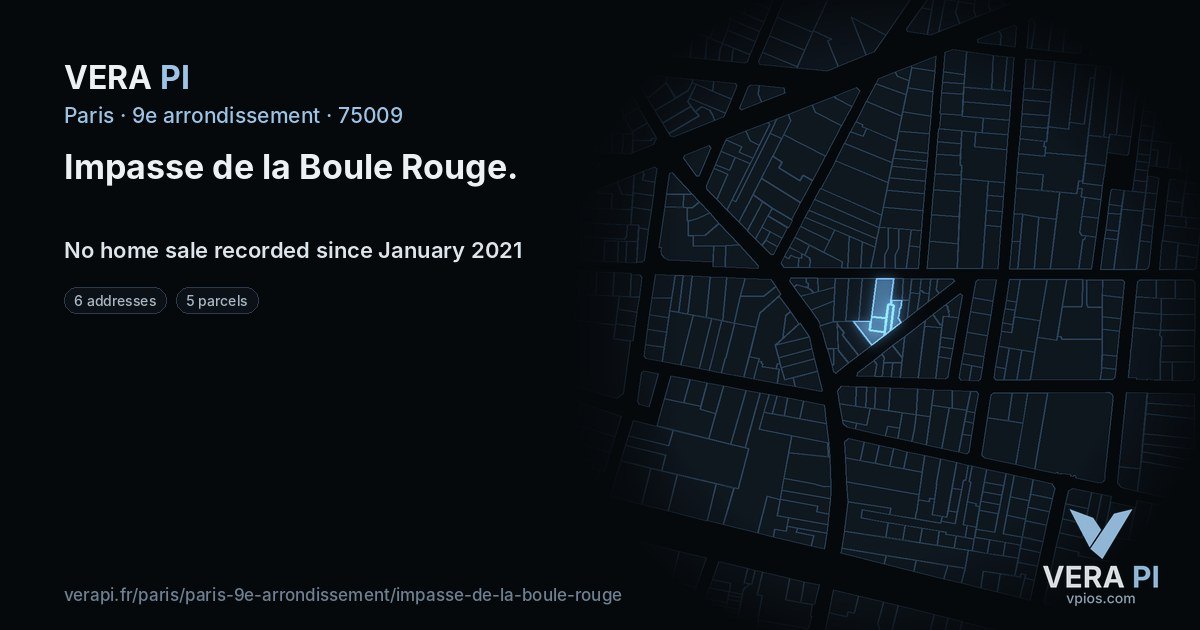 Impasse de la Boule Rouge, 9e arrondissement at night – every parcel coloured by the prices around it, the street's own parcels lit