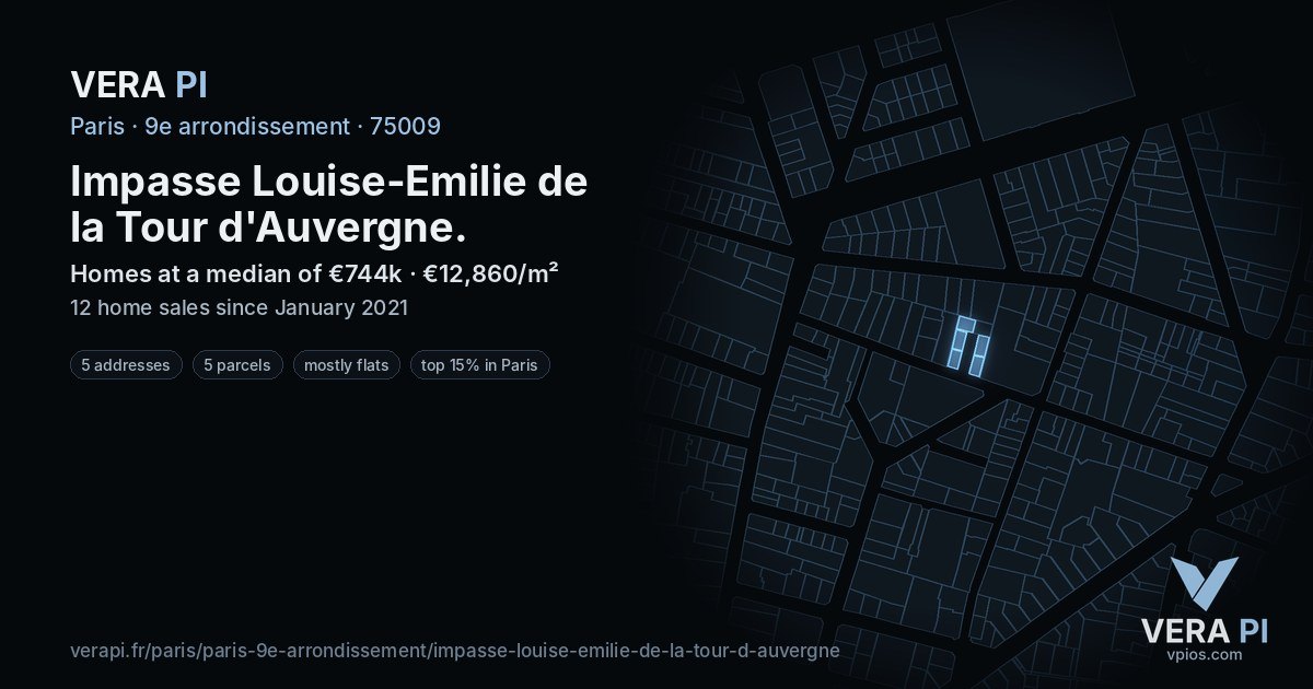 Impasse Louise-Emilie de la Tour d'Auvergne, 9e arrondissement at night – every parcel coloured by the prices around it, the street's own parcels lit